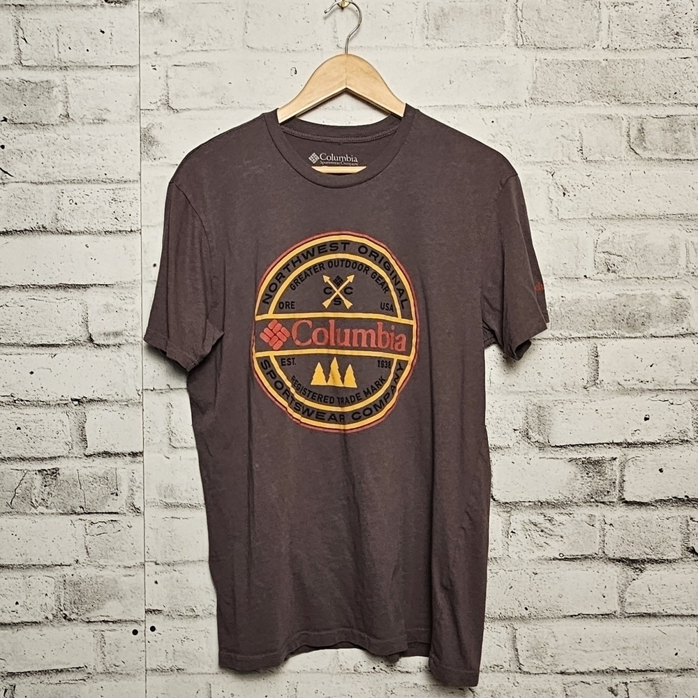 Columbia PNW Logo Graphic T Shirt Brown Outdoor Hiking Tee Size L